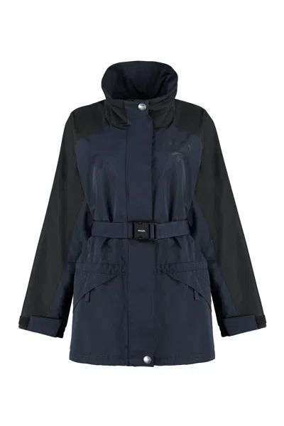 Prada Blue Techno Fabric Jacket With Adjustable Belt And Drawstrings For Women