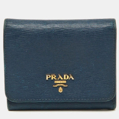 Pre-owned Prada Blue Vittello Move Leather Trifold Wallet