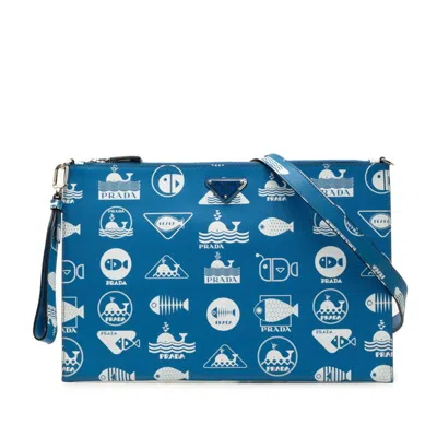 Pre-owned Prada Blue White Saffiano Triangle Leather Clutch Bag Shoulder Bag () In Blue, White