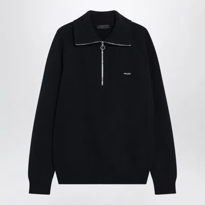 Prada Blue Wool And Cashmere Polo Shirt In Black