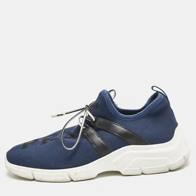 Pre-owned Prada Blue/black Knit Fabric And Leather Xy Logo Low Top Sneakers Size 38