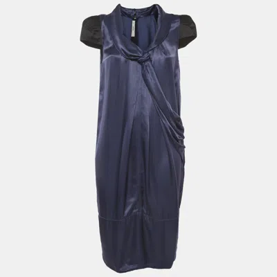 Pre-owned Prada Blue/black Satin Draped Midi Dress S