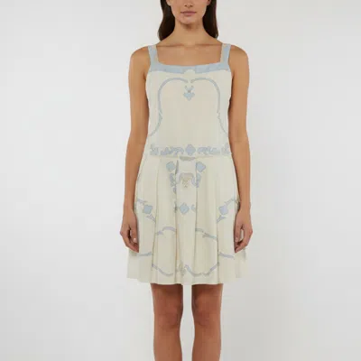 Pre-owned Prada Blue/cream Linen Pleated Mini Dress S In White