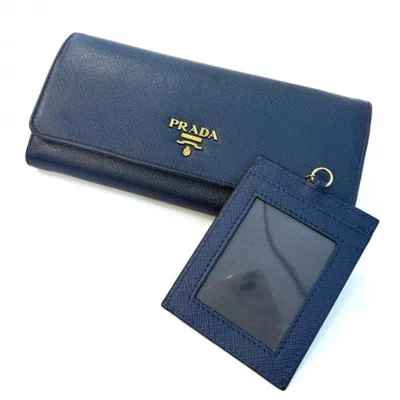 Pre-owned Prada Bluette Navy Saffiano Metal Long Wallet (bi-fold) () In Bluette, Navy