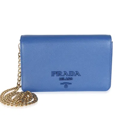 Pre-owned Prada Bluette Saffiano Lux Monochrome Chain Wallet