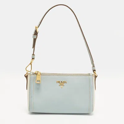 Pre-owned Prada Blue/white Saffiano Lux Leather Pochette Bag