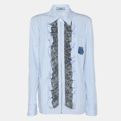 Pre-owned Prada Blue/white Striped Cotton Brocade Ruffle Detail Button Front Shirt M