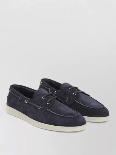 Prada Boat Lace Up Suede Moccasin Rubber Sole In Black