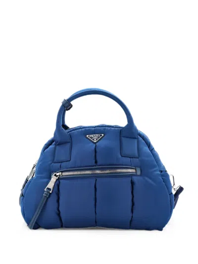 Pre-owned Prada Bomber Convertible Bowler Bag Tessuto Medium Handbag In Blue