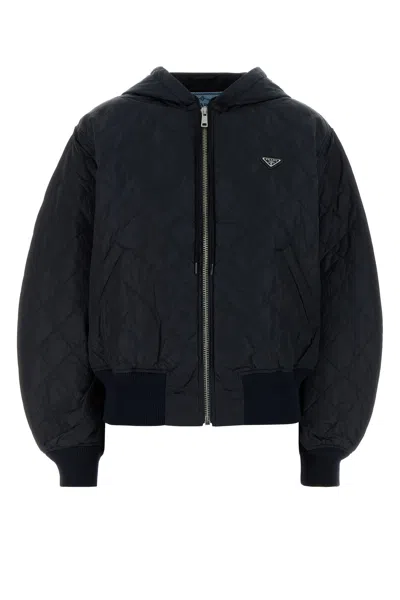 Prada Bomber In Re-nylon Blu Scuro Donna In Animal Print