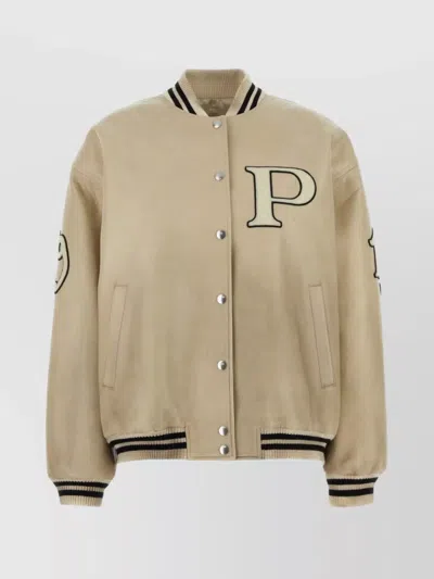 Prada Padded Leather Varsity Jacket In Neutral