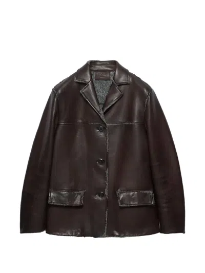 Prada Bonded Nappa-leather And Chevron Shetland Wool Jacket In Brown