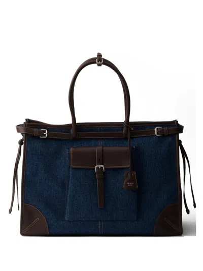 Prada Bonnie Denim And Leather Tote Bag In Blue