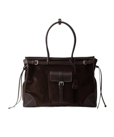 Prada Bonnie Extra Large Corduroy And Leather Handbag In Brown