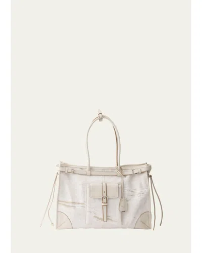 Prada Bonnie Extra-large Printed Linen & Leather Shoulder Bag In Bianco