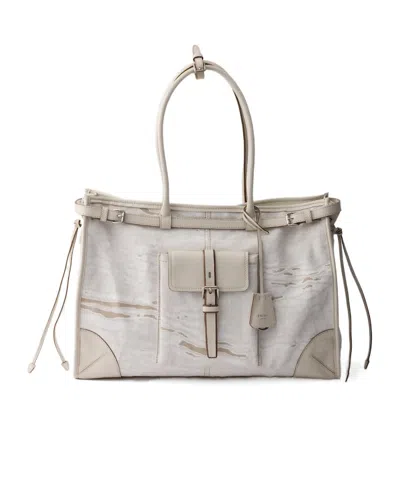 Prada Bonnie Extra-large Printed Linen And Leather Tote Bag In White
