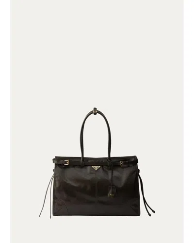 Prada Bonnie Glossy Leather Tote Bag In Dark Brown