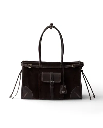 Prada Bonnie Large Corduroy And Leather Handbag In Ebony
