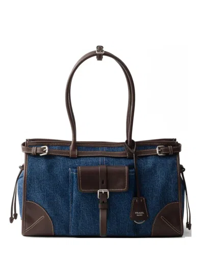 Prada Bonnie Large Denim And Leather Handbag In Blue
