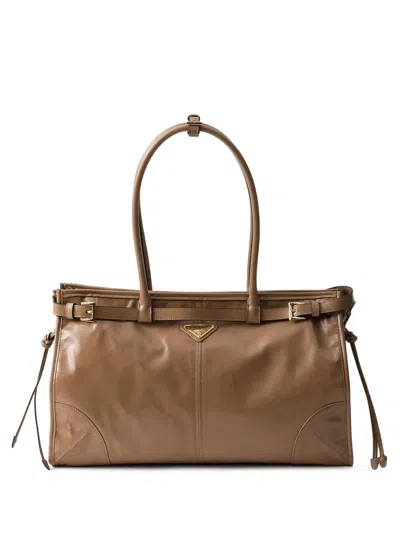 Prada Bonnie Large Leather Hand Bag In Brown