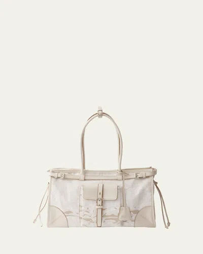 Prada Bonnie Large Printed Linen & Leather Shoulder Bag In White