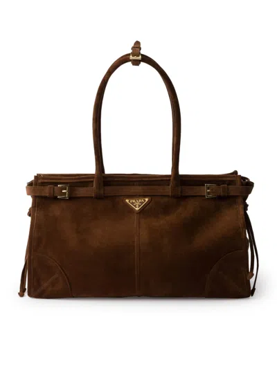 Prada Bonnie Large Suede Handbag In Brown