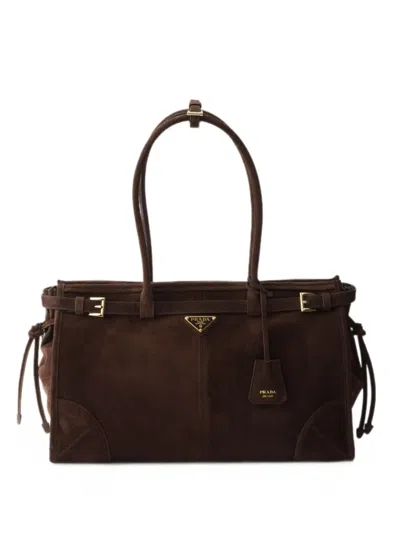 Prada Bonnie Large Suede Handbag In Brown