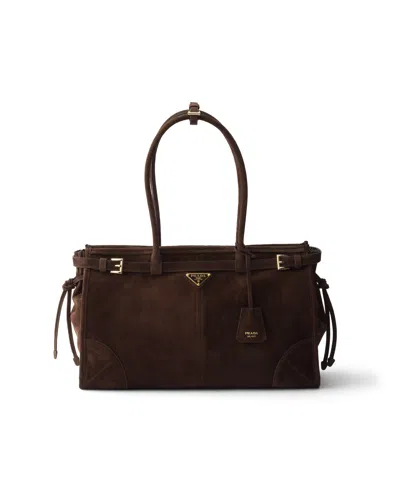 Prada Bonnie Large Suede Handbag In Brown