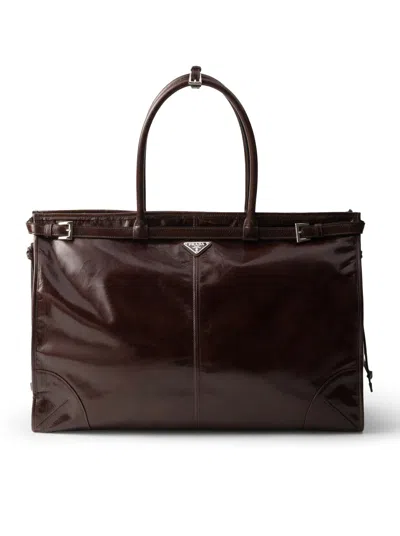 Prada Bonnie Leather Shopping Bag In Brown