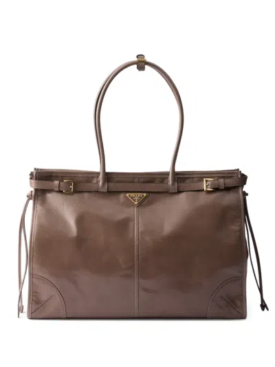 Prada Bonnie Leather Tote Bag In Brown