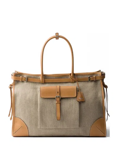 Prada Bonnie Linen And Leather Tote Bag In Neutral