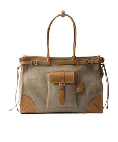 Prada Bonnie Linen And Leather Tote Bag In Brown