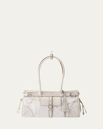 Prada Bonnie Medium Printed Linen & Leather Shoulder Bag In White