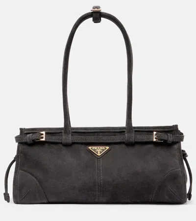 Prada Bonnie Medium Suede Shoulder Bag In Black