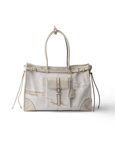 Prada Bonnie Tote Bag Aus Bedrucktem Leinen Und Leder In White