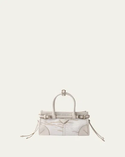 Prada Bonnie Small Printed Linen & Leather Top-handle Bag In White