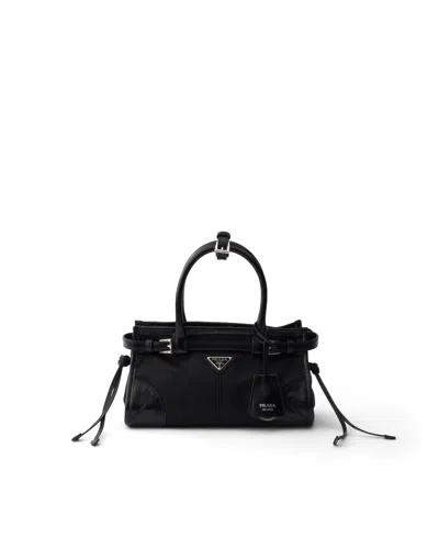 Prada Bonnie Small Re-nylon And Leather Handbag In Black