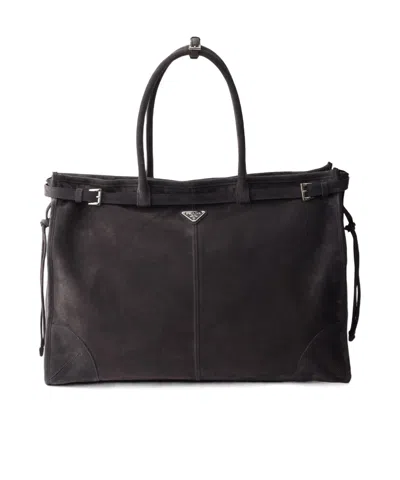 Prada Bonnie Suede Tote Bag In Bituminous Ash Free