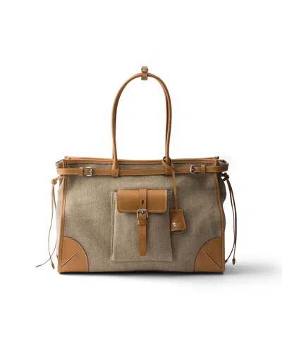 Prada Bonnie Linen And Leather Tote Bag In Neutral