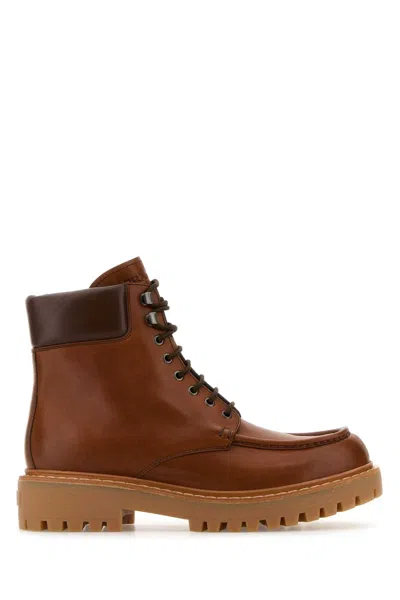 Prada Caramel Leather Ankle Boots In Animal Print