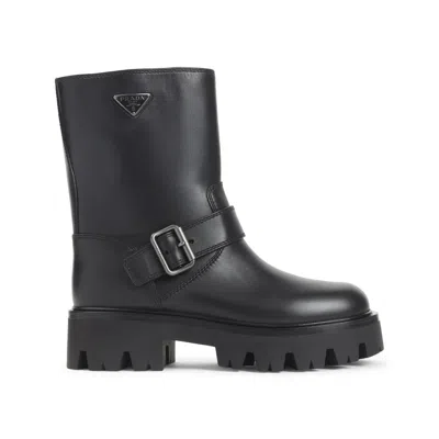 Prada Chunky Sole Leather Ankle Boots In Black