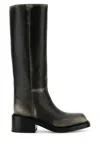Prada Leather Block Heel Mid-calf Boots Square Toe In Black