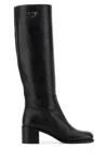 Prada Knee-high Leather Block Heel Boots In Black