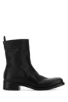 Prada Round Toe Leather Ankle Boots With Block Heel In Black