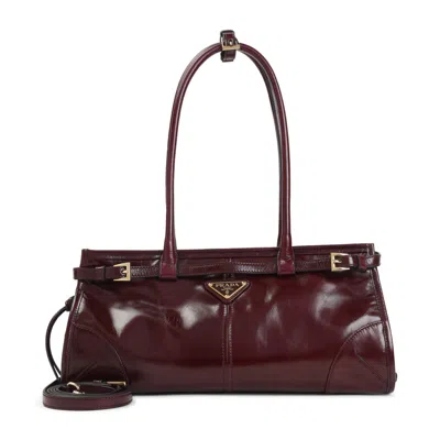 Prada Bordeaux Calf Leather Handbag With Adjustable Shoulder Strap In Black