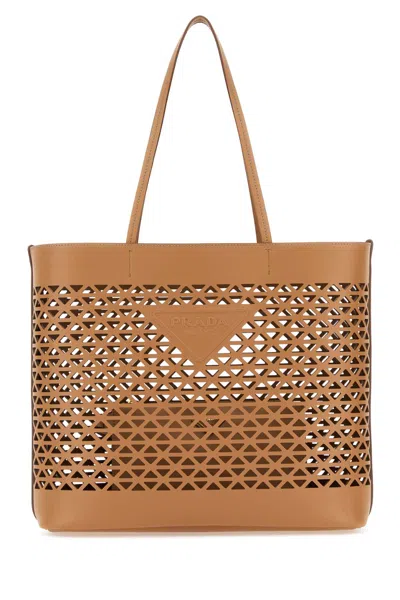 Prada Sand Leather Shopping Bag In Brown