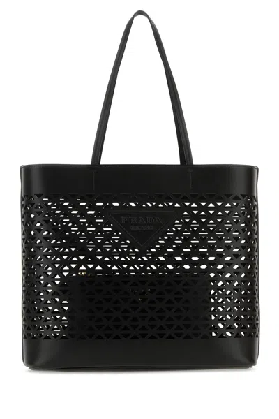 Prada City Perforated Leather Tote Bag In F0002 Nero