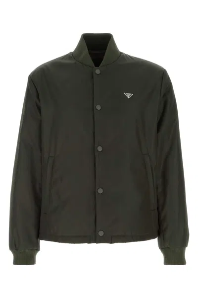 Prada Nylon Bomber Jacket Ribbed Collar Cuffs Hem In Green
