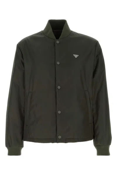 Prada Nylon Bomber Jacket Ribbed Collar Cuffs Hem In Green