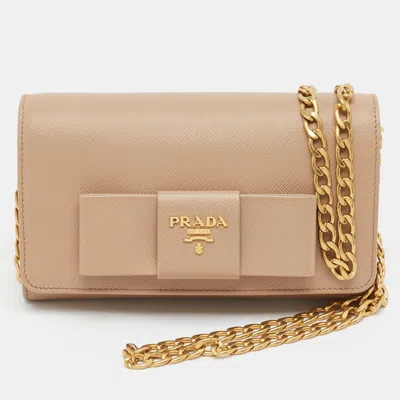 Pre-owned Prada Bow Beige Saffiano Leather Wallet On Chain In Sand